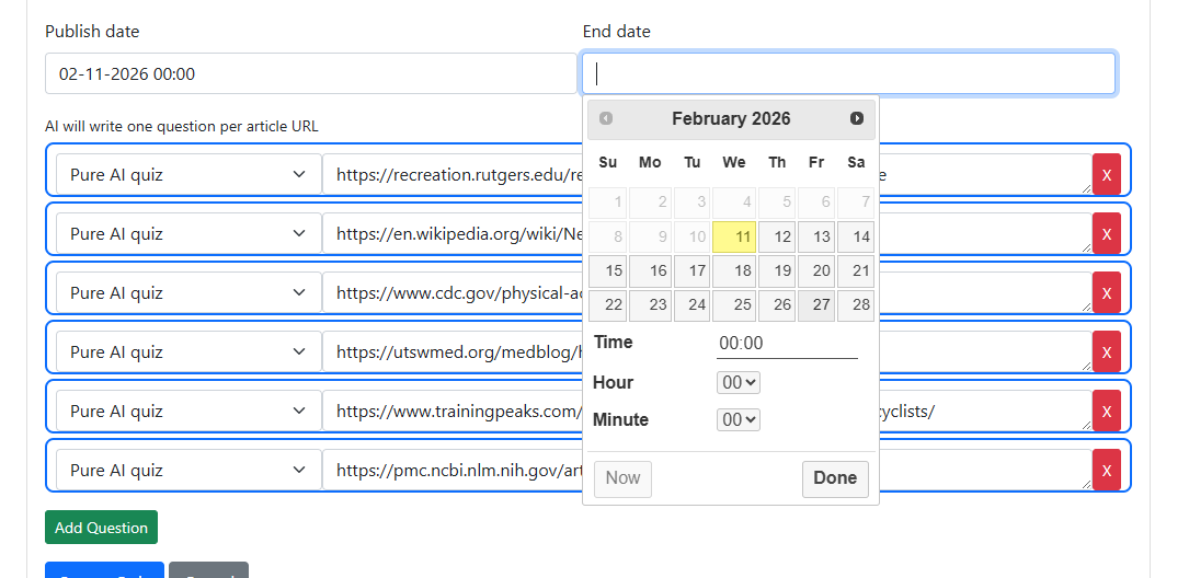 Date picker showing February 2026 calendar with hour and minute selectors